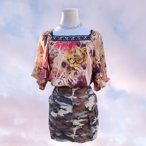 Y2k Cream Black Lace Chiffon Semi Sheer AOP All Over Print Abstract Blouse Sz L